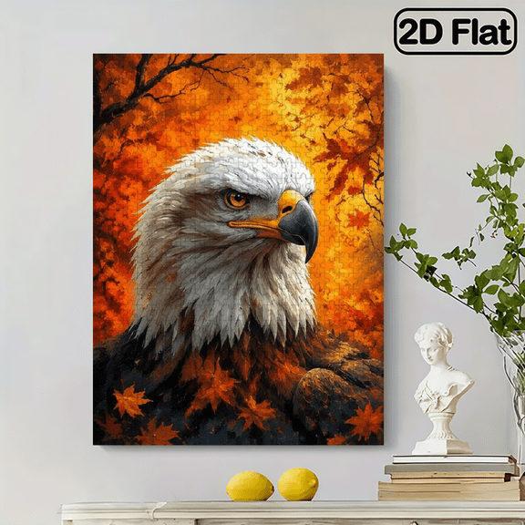 Adult Jigsaw Puzzle, 2D Frameless Paper Puzzle, 500pc, 20.4x15 in, Bald Eagle Oil Painting Theme with Warm Autumn Scenery Design, Brain Game, Family Game Night, Can Be Wall Decor
