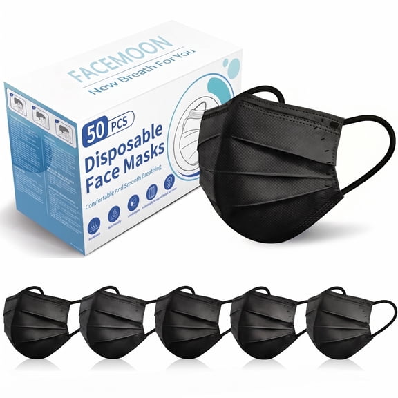 Disposable Face Masks for Adults, 4-Ply Black Face Mask, Individually Wrapped 50 Pack, Breathable Comfortable Disposable Masks with Soft Ear Loops and Adjustable Nose Clip for Daily Wear, Work, Trave