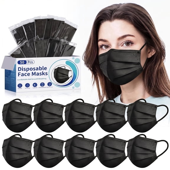 Disposable Face Masks for Adults, 4-Ply Black Face Mask, Individually Wrapped 50 Pack, Breathable Comfortable Disposable Masks with Soft Ear Loops and Adjustable Nose Clip for Daily Wear, Work, Trave