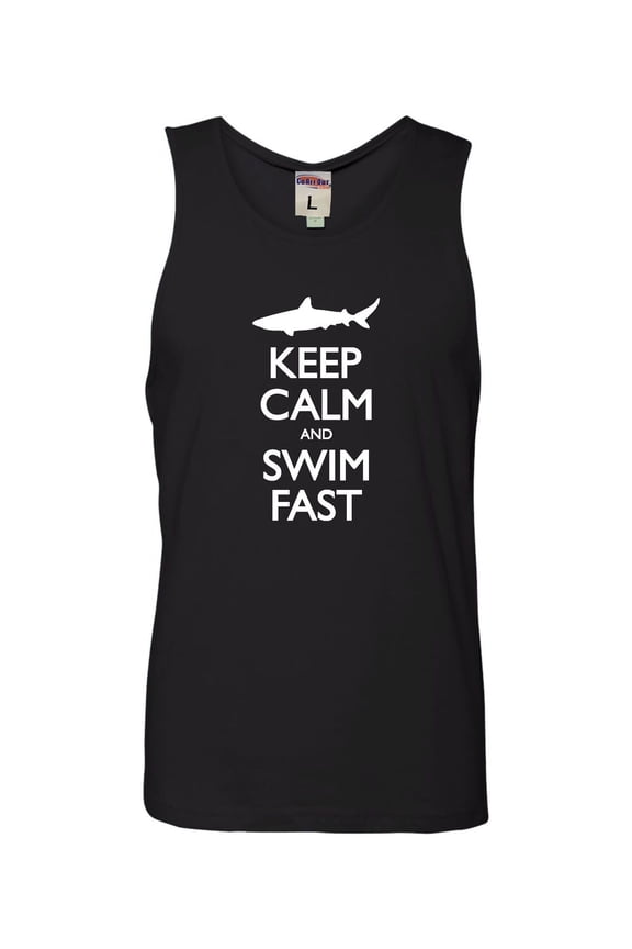 Adult Keep Calm And Swim Fast Funny Shark Lovers Sleeveless Tank Top Cotton T-Shirt