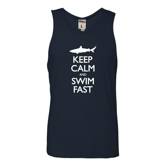 Adult Keep Calm And Swim Fast Funny Shark Lovers Sleeveless Tank Top Cotton T-Shirt