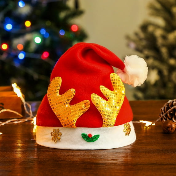 Adult & Kids Christmas Santa Hat with Elk Antlers, Non-woven Christmas Hat, Classic Red White Party Hat for New Year, Christmas, Birthday, Wedding, Christmas Costume Accessories