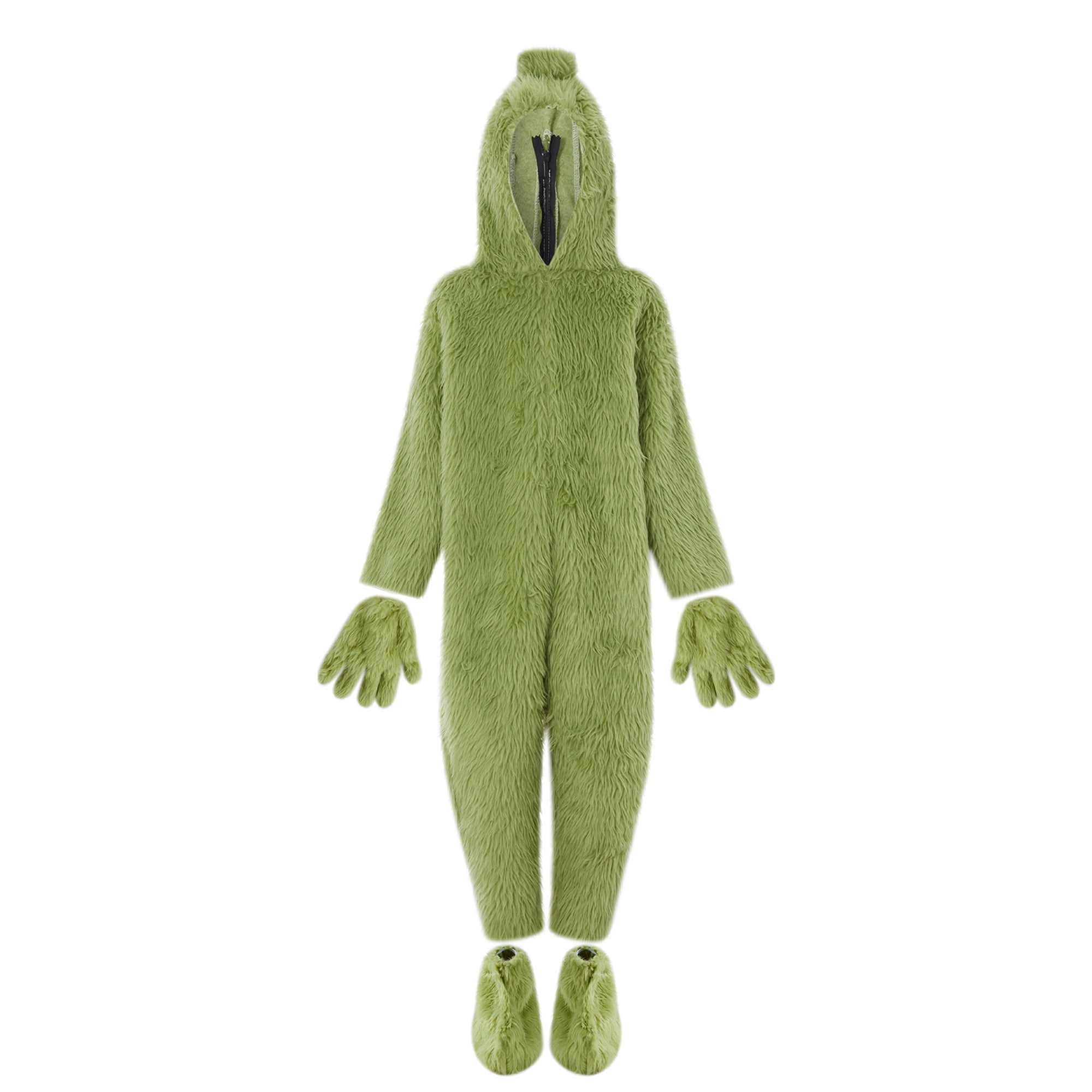 Adult Kids Halloween Green Furry Costumes Cartoon Hooded Romper and