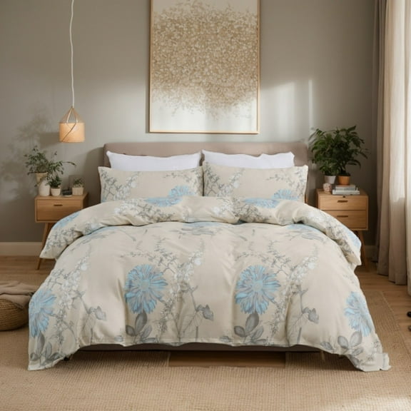 Adult King Size Botanical Duvet Set - 3-Piece Scandinavian Style Cover with Blue Flowers on Beige, Includes Pillowcases & Decorative Quilt Cover