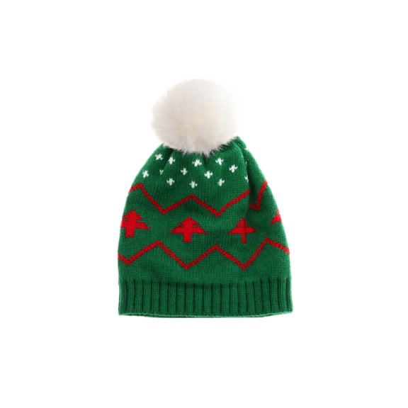 Adult Knit Beanie Hat Unisex Winter Hats, Cuffed Pom Pom Cap with Tree Jacquard Pattern, Warm Party Hats for Men Women Family Holiday Events Green