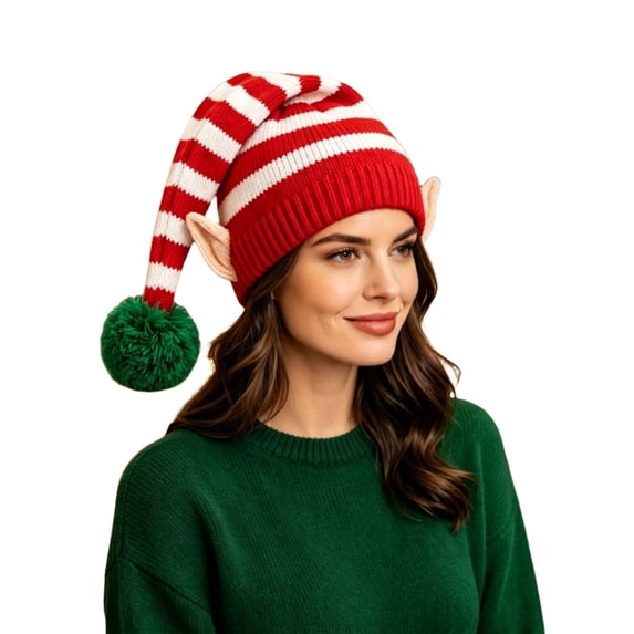 Adult Knit Christmas Elf Hat with Ear Details and Pom Pom Striped Slouch Beanie Winter Holiday Costume Cap for Men/Women
