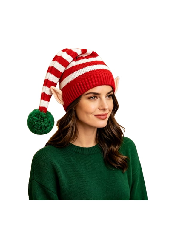 Adult Knit Christmas Elf Hat with Ear Details and Pom Pom Striped Slouch Beanie Winter Holiday Costume Cap for Men/Women