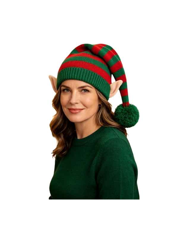 Adult Knit Christmas Elf Hat with Ear Details and Pom Pom Striped Slouch Beanie Winter Holiday Costume Cap for Men/Women