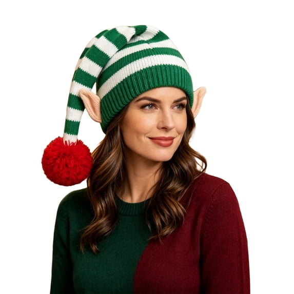 Adult Knit Christmas Elf Hat with Ear Details and Pom Pom Striped Slouch Beanie Winter Holiday Costume Cap for Men/Women