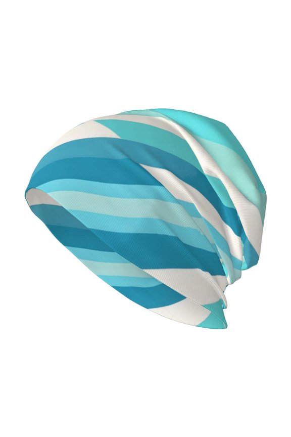 Adult Knitted Cap 11 X 10.6 In Two-Layer Design Breathable Light Dry And Easy Care Covering All Antiskid Anti-Wrinkle Cyan Stripe_1