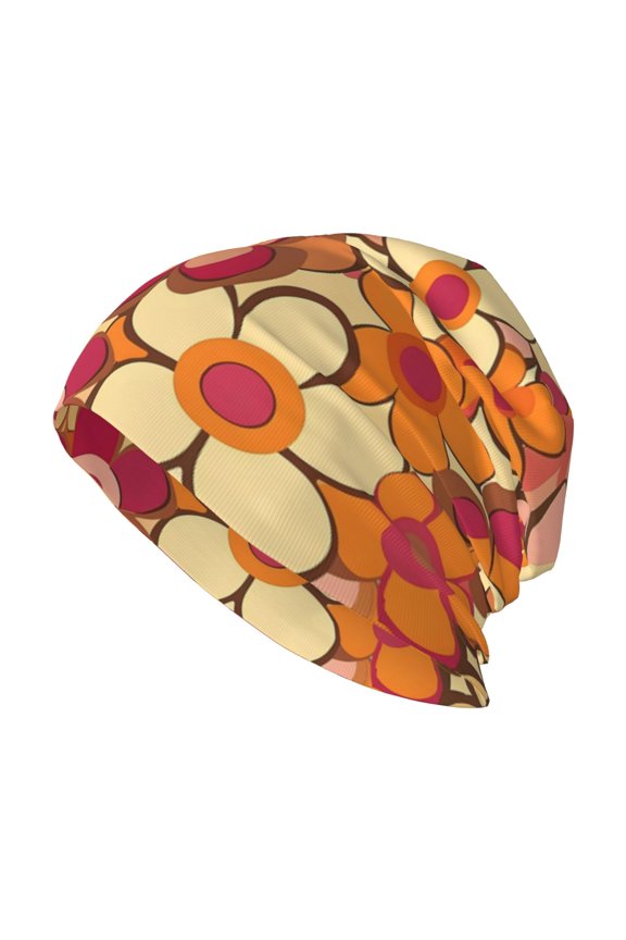 Adult Knitted Cap 11 X 10.6 In Two-Layer Design Breathable Light Dry And Easy Care Covering All Antiskid Anti-Wrinkle Retro Groovy Flowers Pattern (13)