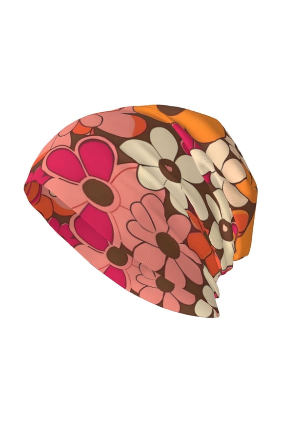 Adult Knitted Cap 11 X 10.6 In Two-Layer Design Breathable Light Dry And Easy Care Covering All Antiskid Anti-Wrinkle Retro Groovy Flowers Pattern (14)