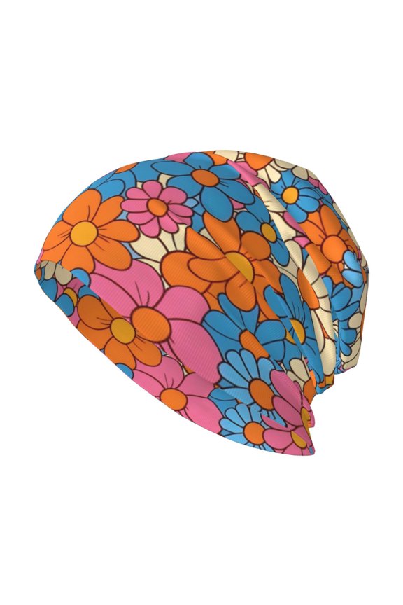 Adult Knitted Cap 11 X 10.6 In Two-Layer Design Breathable Light Dry And Easy Care Covering All Antiskid Anti-Wrinkle Retro Groovy Flowers Pattern (5)