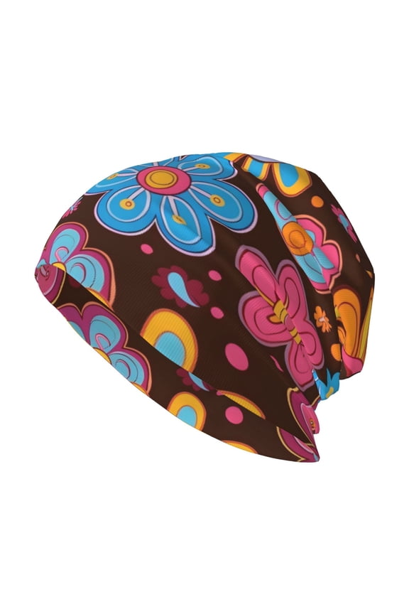 Adult Knitted Cap 11 X 10.6 In Two-Layer Design Breathable Light Dry And Easy Care Covering All Antiskid Anti-Wrinkle Retro Groovy Flowers Pattern (8)