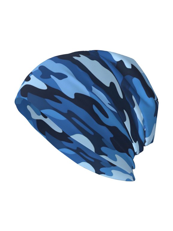 Adult Knitted Cap 11 X 10.6 In Two-Layer Design Breathable Light Dry And Easy Care Covering All Antiskid Anti-Wrinkle Vector Camouflage Pattern Blue_1