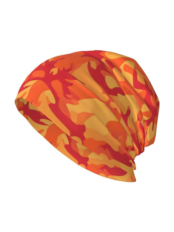 Adult Knitted Cap 11 X 10.6 In Two-Layer Design Breathable Light Dry And Easy Care Covering All Antiskid Anti-Wrinkle Vector Camouflage Pattern Orange Red_2
