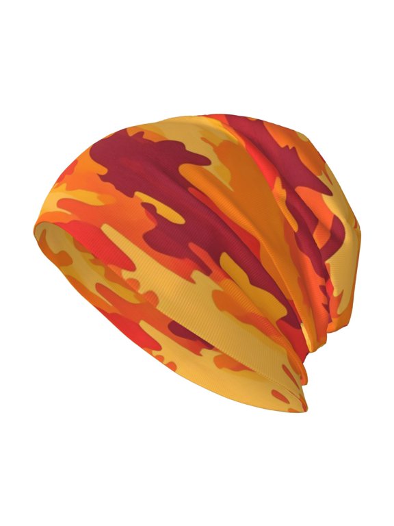 Adult Knitted Cap 11 X 10.6 In Two-Layer Design Breathable Light Dry And Easy Care Covering All Antiskid Anti-Wrinkle Vector Camouflage Pattern Orange Red_4