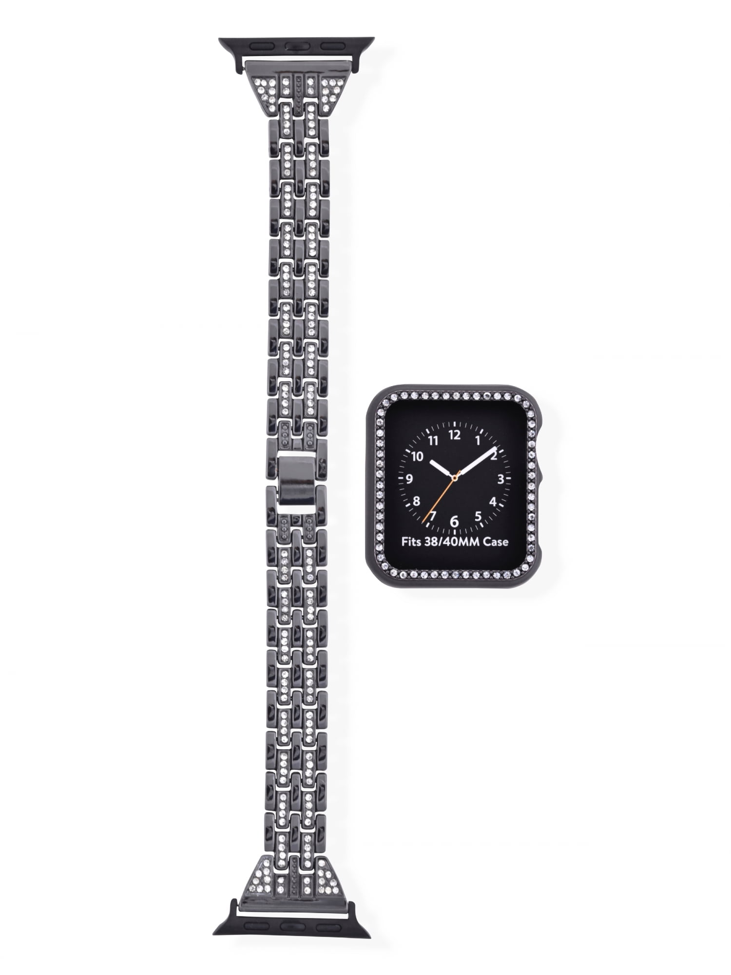 Adult Ladies Gun Metal Replacement Strap with Clear Crystals & Matching Watch Case Bumper Cover 2 Piece Set . 38-41MM