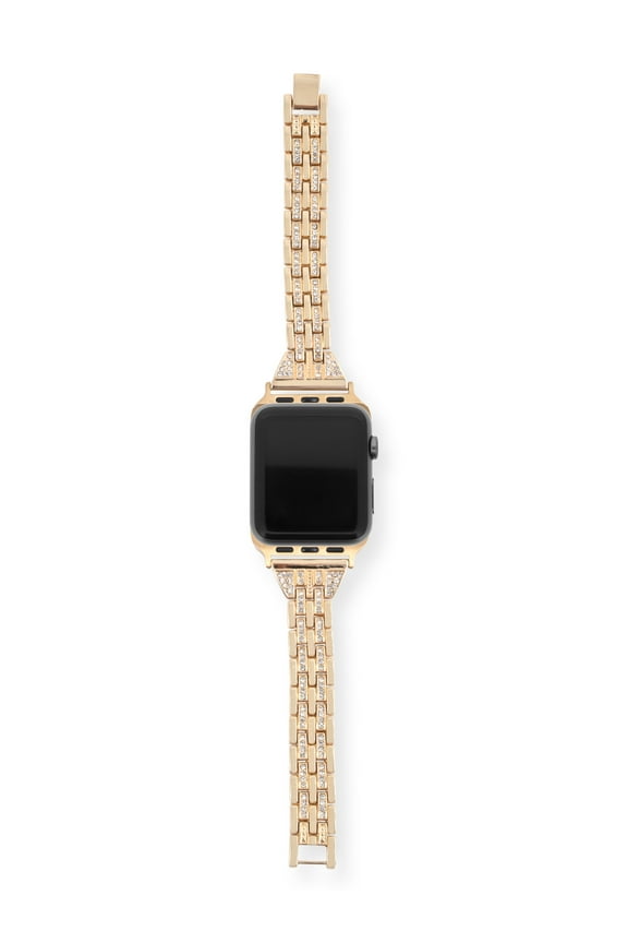 Adult Ladies Yellow Gold Metal Adjustable Replacement Strap with Clear Crystals With Matching Watch Case Bumper Cover. This 2 Piece Set Is Compatible With Apple Watches Sizes 38- 41 MM.