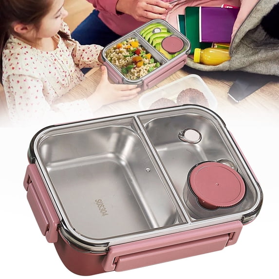 Adult Leakproof Lunch Box with Tableware - Stainless Steel & Plastic 2-Compartment Red Bento Box for Work, Travel, and Outdoor
