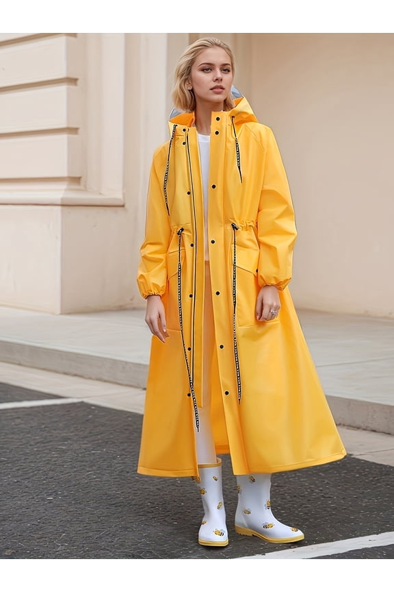 Adult Long Hooded Raincoat – Lightweight, Breathable, Solid Yellow, with Belt & Pockets, Ideal for Rainy Weather Outdoor Activities