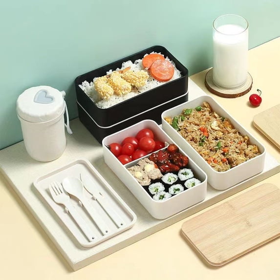 Adult Lunch Box,2 Layer Food Containers with Utensils Spoon and Fork ...