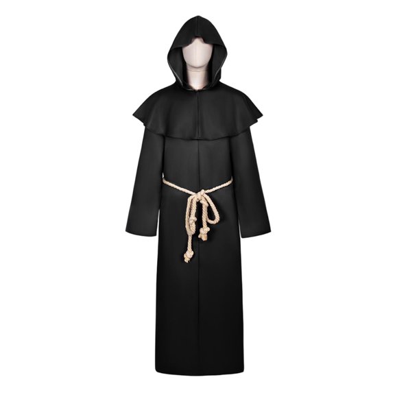 Adult Medieval Monk Hooded Robe Renaissance Friar Priest Sorcerer Cape Costume Set with Rope Belt