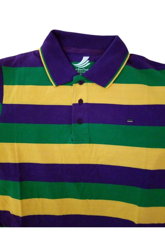 Adult Medium Mardi Gras Rugby Stripe Purple Green Yellow Knit SS Shirt