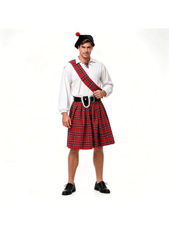 Adult Men Scottish Tartan Kilt Costume Set with Hat, Shirt, Belt, Sporran and Plaid Sash for Halloween