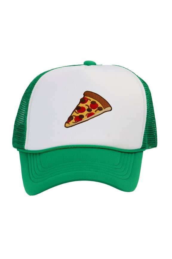 Adult Men's Pepperoni Pizza Slice Rope Foam Trucker Hat, White/Kelly Green
