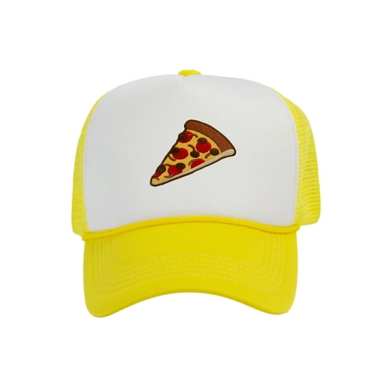 Adult Men's Pepperoni Pizza Slice Rope Foam Trucker Hat, White/Yellow