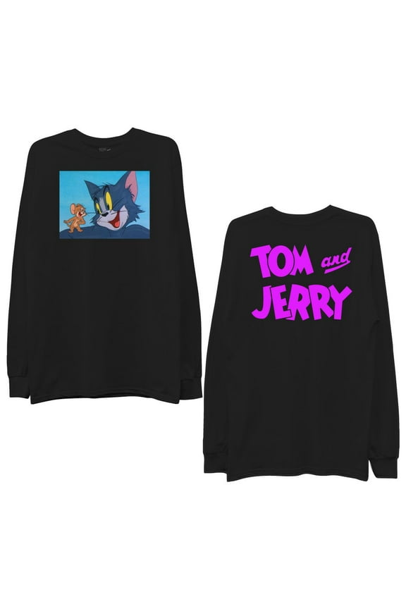 Adult Men's Tom and Jerry Long Sleeve Crewneck T-Shirt- Front and Back Print Sizes S-XL