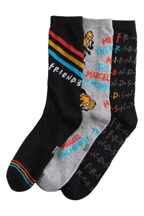 Adult Mens 3pr Black & Gray Friends Ross Phoebe Rachel Chandler Crew Socks Set