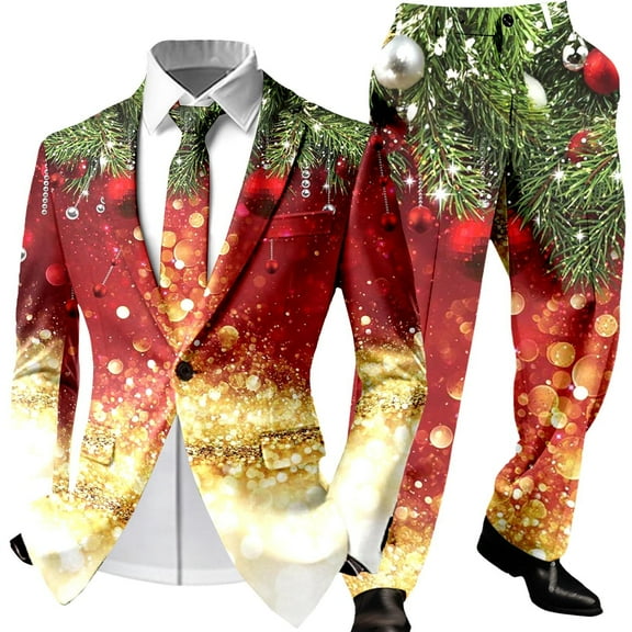 Adult Mens Christmas Suits 2 Piece Funny One Button Formal Xmas Jacket Blazer And Pant Outfit Slim Fit Winter Festive Party Men's Suits