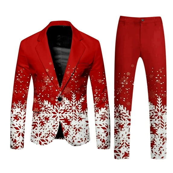 Adult Mens Christmas Suits 2 Piece Funny Snowflake Print One Button Lapel Jacket Blazer And Pant Set Slim Fit Winter Party Holiday Christmas Suit