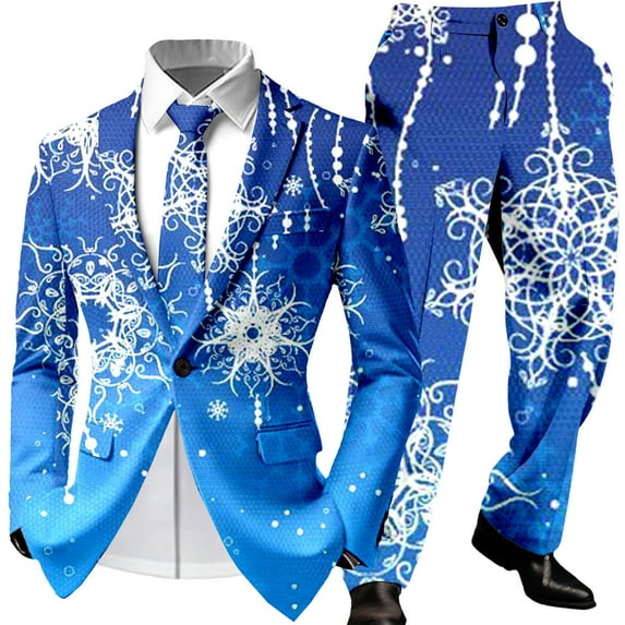 Adult Mens Christmas Suits 2 Piece One Button Xmas Jacket Blazer with Pockets And Pant Set Funny Snowflake Slim Fit Winter Party Men's Suits