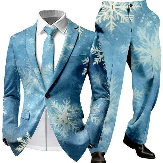 Adult Mens Christmas Suits 2 Piece One Button Xmas Jacket Blazer with Pockets And Pant Set Funny Snowflake Slim Fit Winter Party Mens Suits