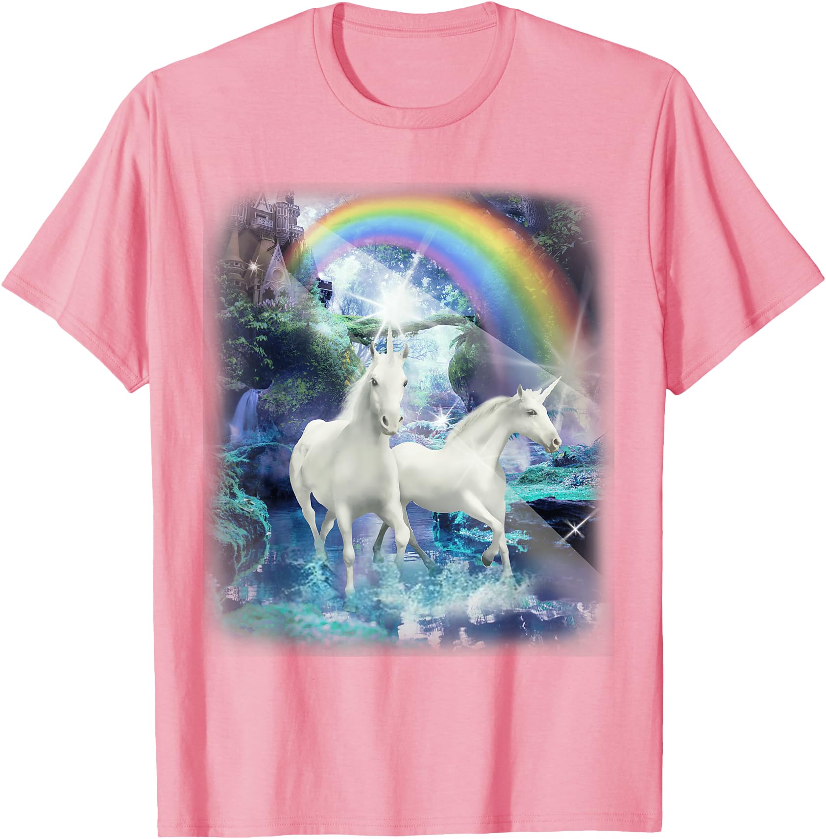 Adult Mesmerizing Unicorn Castle Forest TShirt, Light Pink Color, Size