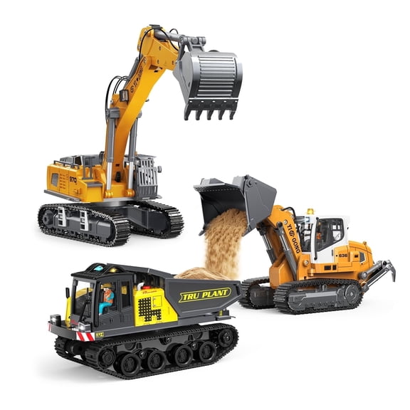 Adult Metal Mini 1:50 Remote Control Excavator, Dump Truck & Loader Set, Screw & Lever Driven, Includes 2 Batteries and Carrying Case, Ideal for Model Enthusiasts and Kids