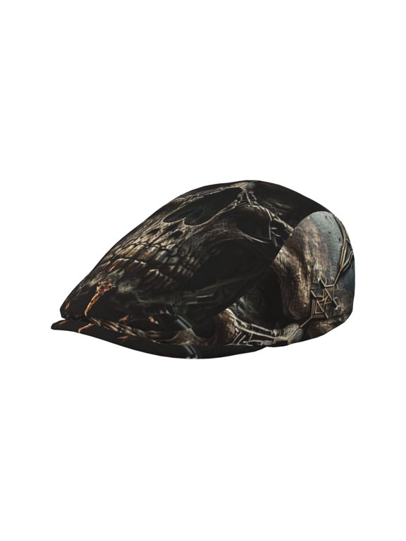 Adult Newsboy Cap, Adjustable Flat Twill Hat with Brim, Cool Skull Head Gothic Death Print