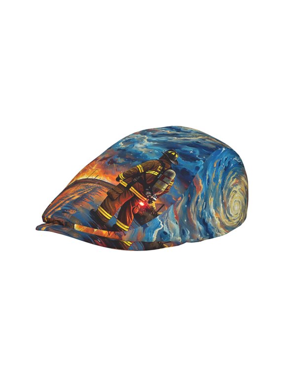 Adult Newsboy Cap, Adjustable Flat Twill Hat with Brim, Firefighter Cartoon Sky Art Print