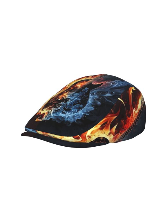 Adult Newsboy Cap, Adjustable Flat Twill Hat with Brim, Flaming Burning Guitar Red Blue Fire Print
