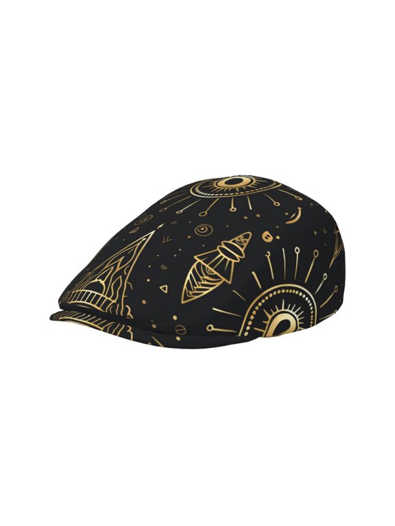 Adult Newsboy Cap, Adjustable Flat Twill Hat with Brim, Golden Egyptian Eyes Egypt Hieroglyphs Black Print