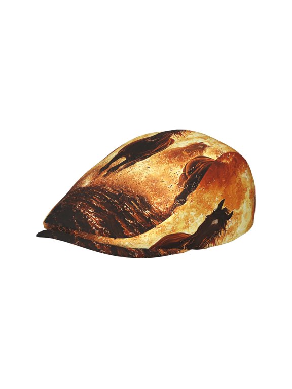 Adult Newsboy Cap, Adjustable Flat Twill Hat with Brim, Horses Fire Flame Burning Print