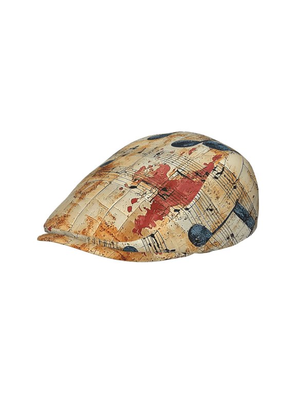 Adult Newsboy Cap, Adjustable Flat Twill Hat with Brim, Musical Notes Vintage Print