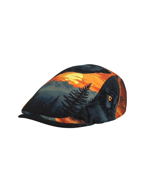 Adult Newsboy Cap, Adjustable Flat Twill Hat with Brim, Night Wolf Print