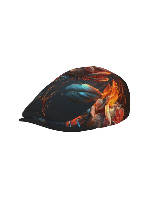 Adult Newsboy Cap, Adjustable Flat Twill Hat with Brim, Rose On Fire Burning Flaming Print