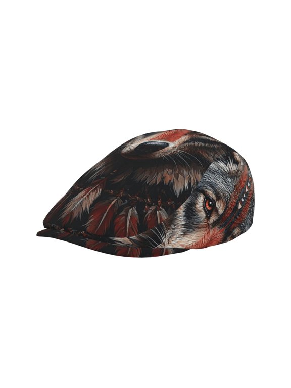 Adult Newsboy Cap, Adjustable Flat Twill Hat with Brim, Tribal Ethnic Wolf Print