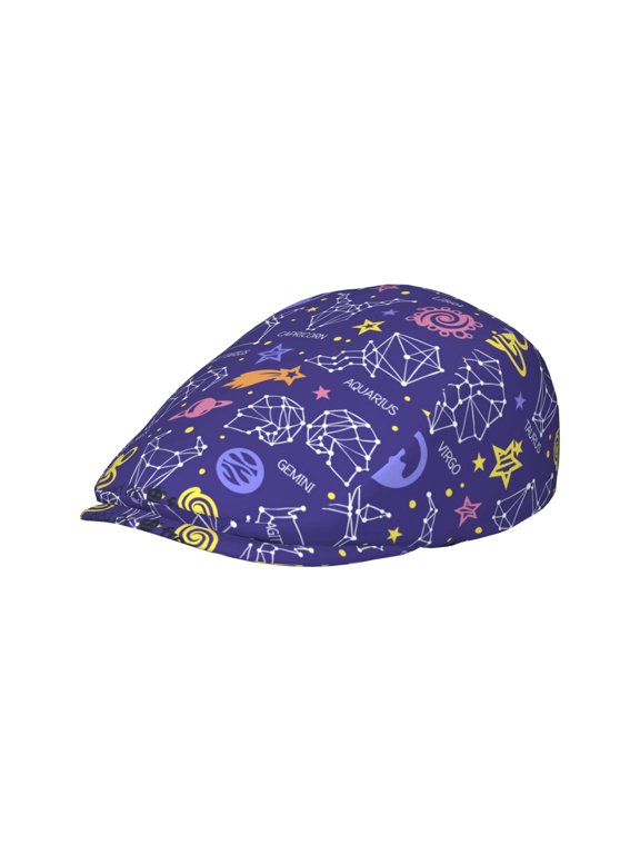 Adult Newsboy Cap, Adjustable Flat Twill Hat with Brim, Zodiac Signs Space Astrology Print