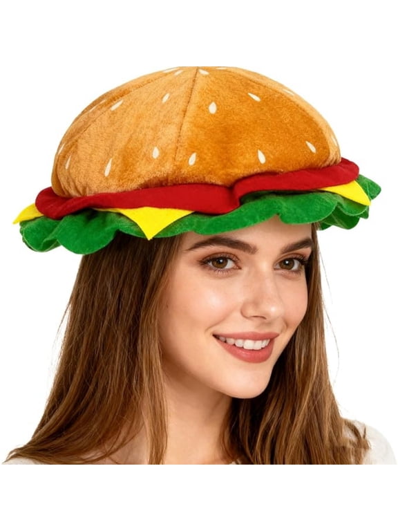 Adult Novelty Hamburger Hat, 3D Plush Burger Fast Food Theme Party Hat, Funny Halloween Photo Prop Headwear for Adults and Teens, Costume Accessory for Carnival Role Play and Foodie Gift Khaki